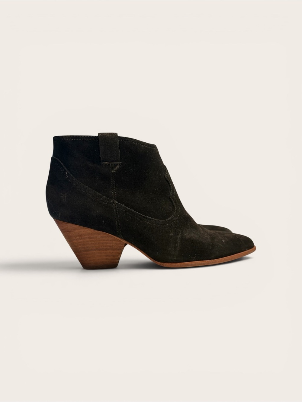 Frye Black Suede Ankle Bootie with Stacked Wood Heel